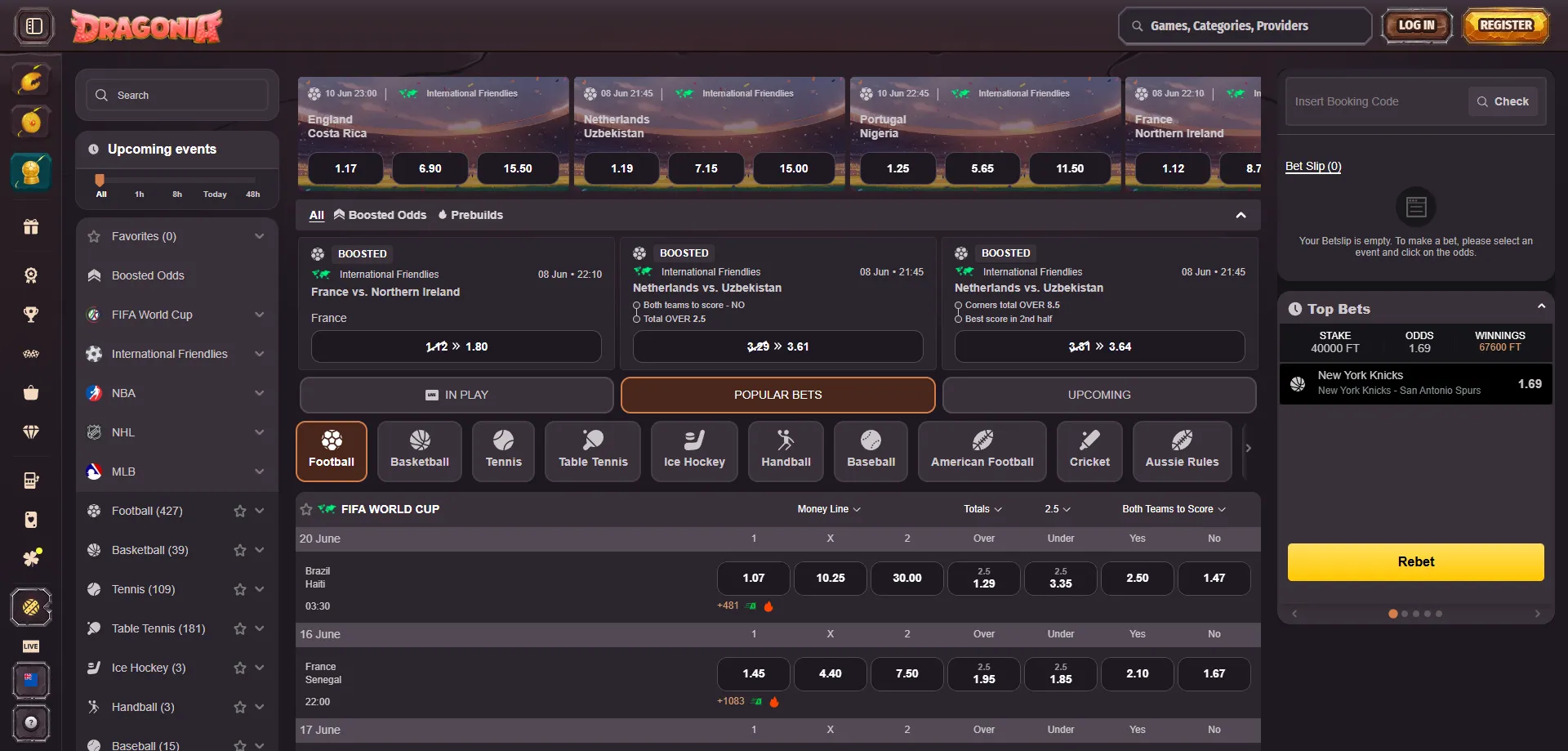 Dragonia Casino sportsbook live betting and pre-match markets NZ